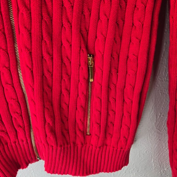 Ralph Lauren LRL Cable Knit Sweater Womens L Red Cotton Full Zip Preppy Classic - Picture 10 of 12